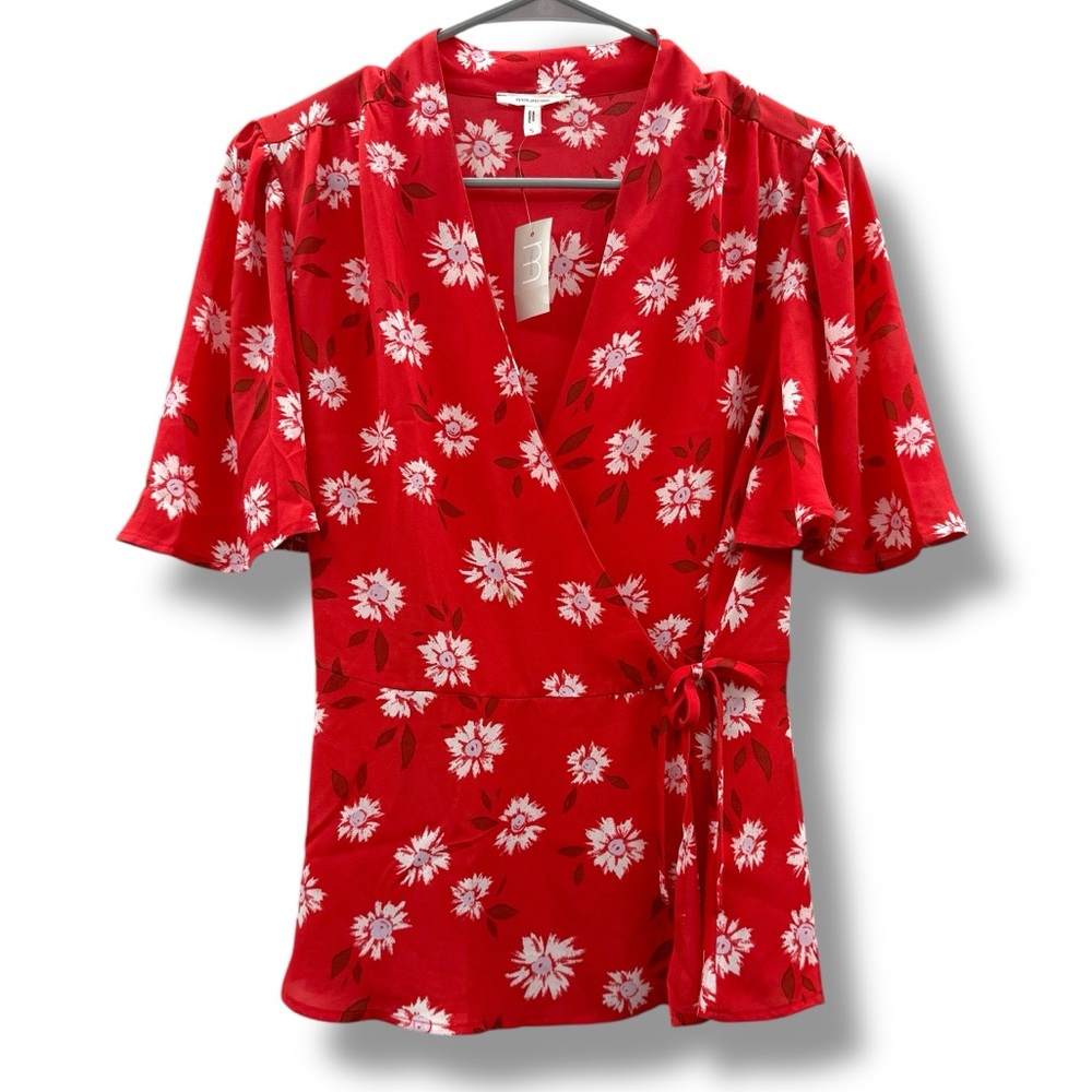 Maurices Red & White Floral Print Short Sleeve Wrap Top Sz S NEW FLAWED